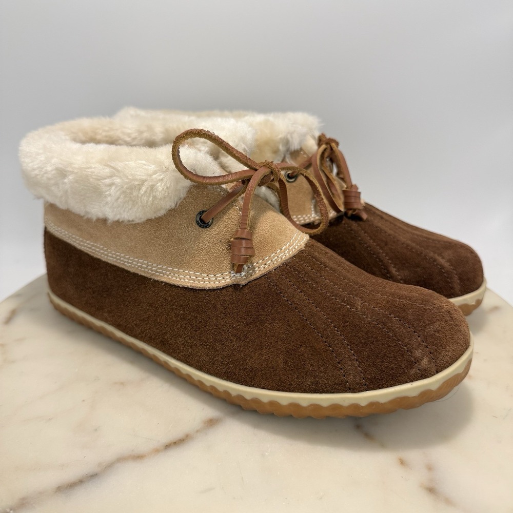 Sperry Elaina Faux Fur Duck Boots House Shoes Brown Suede Lace Up Women's Sz 8